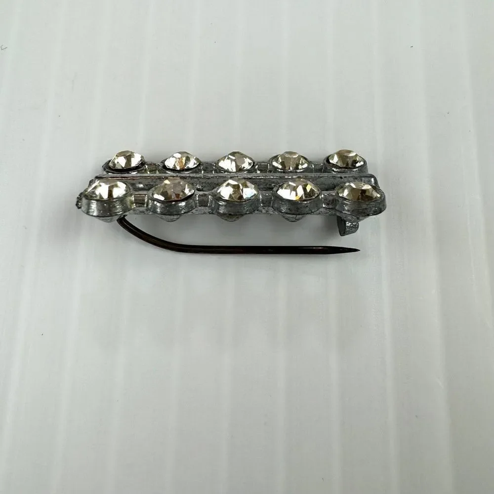 Vintage Small Brooch Bar Set Silver Tone Clear Rhinestones Double Row Costume